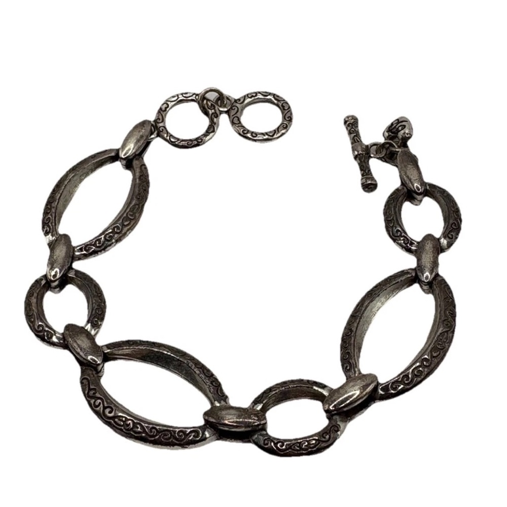 Brighton Alta Etch Oval Link Bracelet Silver Plated Toggle 7.5” Adjustable READ